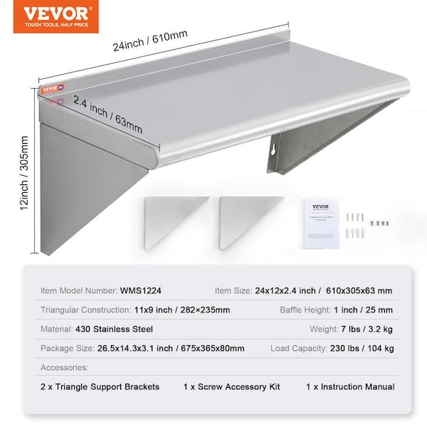 VEVOR Stainless Steel Shelf 24 in. x 8.6 in. Wall Mounted Floating Shelving  with Brackets Pantry Organizers, Silver BGSCTTLL86242HBE0V0 - The Home Depot