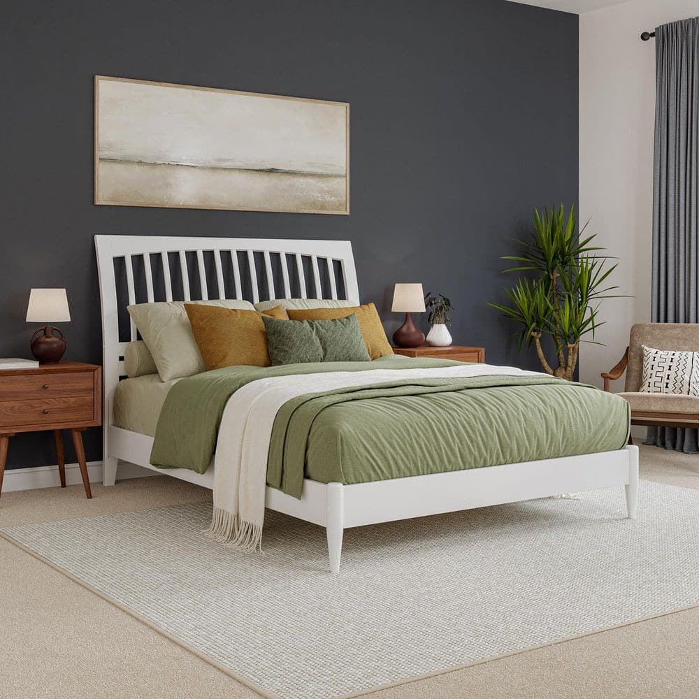 Orleans White Solid Wood Queen Sleigh Platform Bed with Slatted Headboard