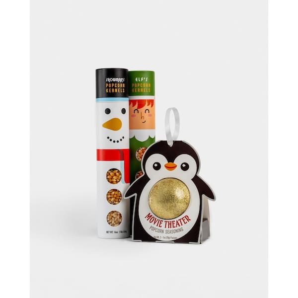 Elf and Snowman Holiday Popcorn Tubes with Penguin Movie Theater Seasoning Ornament