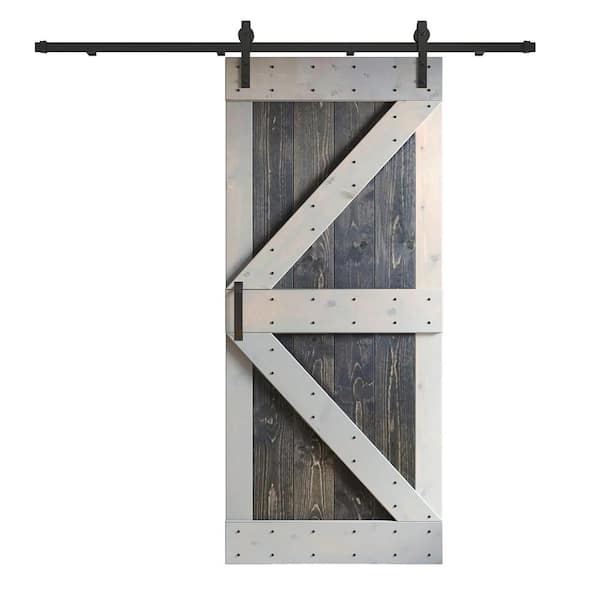 COAST SEQUOIA INC K Series 36 in. x 84 in. Carbon Grey Light Grey Knotty Pine Wood Sliding Barn Door with Hardware Kit