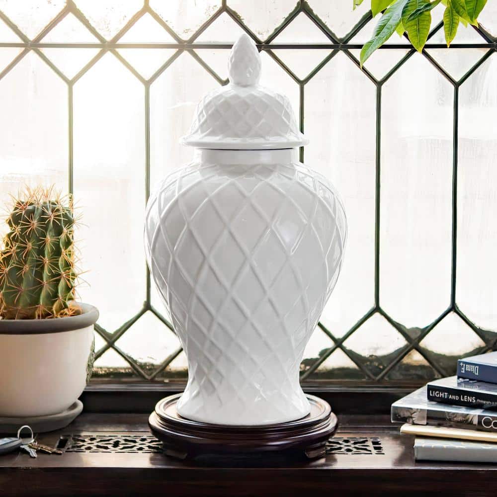 19.5" Glossy White Porcelain Diamond Pattern Temple Jar