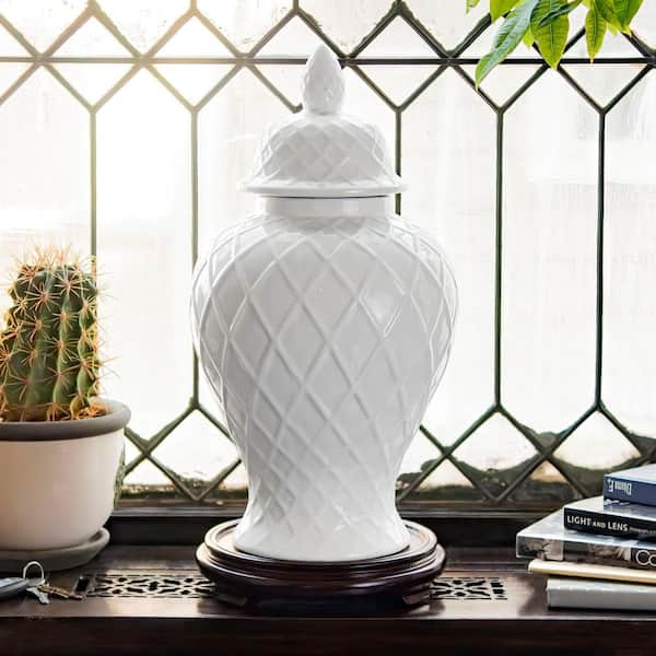 Red Lantern 20 in. Diamond Pattern White Temple Jar