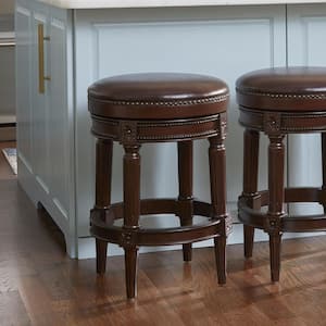 Chapman 26 in. Distressed Walnut Backless Wood Swivel Counter Stool with Brown Faux Leather Seat, 1-Stool