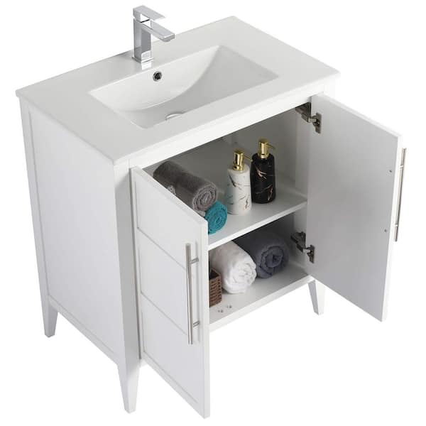 Leafside 30 in. Freestanding White Bath Vanity with White Ceramic Sink Top Assembled