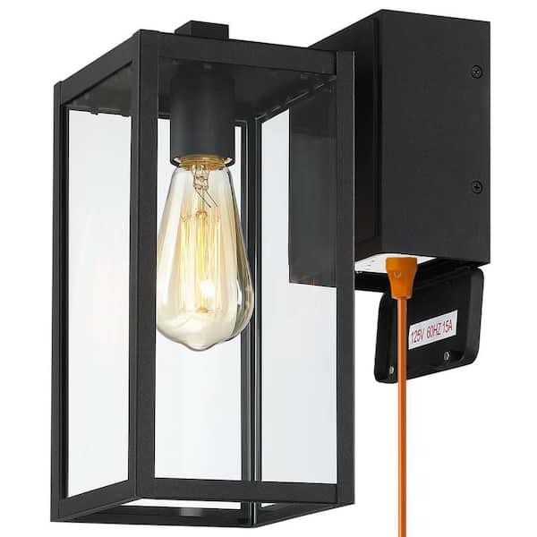 Trevot 1-Light 12 in. Black Outdoor Wall Lantern Sconce with Built-In GFCI Outlets