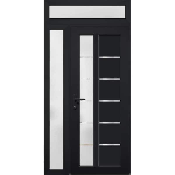 VDOMDOORS 8088 42 in. W. x 94 in. Right-hand/Inswing Frosted Glass Matte Black Metal-Plastic Steel Prehung Front Door Hardware