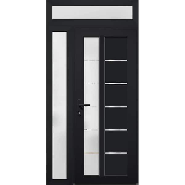 VDOMDOORS 8088 42 in. W. x 94 in. Right-hand/Inswing Frosted Glass Matte Black Metal-Plastic Steel Prehend Front Door Hardware