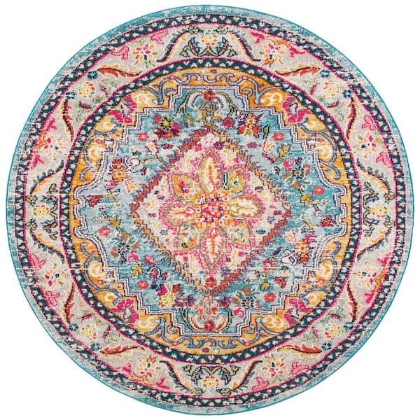 Phoenix Turquoise/Beige 7 ft. x 7 ft. Round Border Area Rug