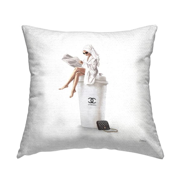 Stupell Industries Chic Fashion Coffee and Purse Female Wearing Robe Beige Square Outdoor Throw Pillow