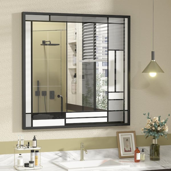 Apmir 36 in. W x 36 in. H Square Tempered Glass and Aluminum Alloy Framed Window Pane Wall Decor Bathroom Vanity Mirror