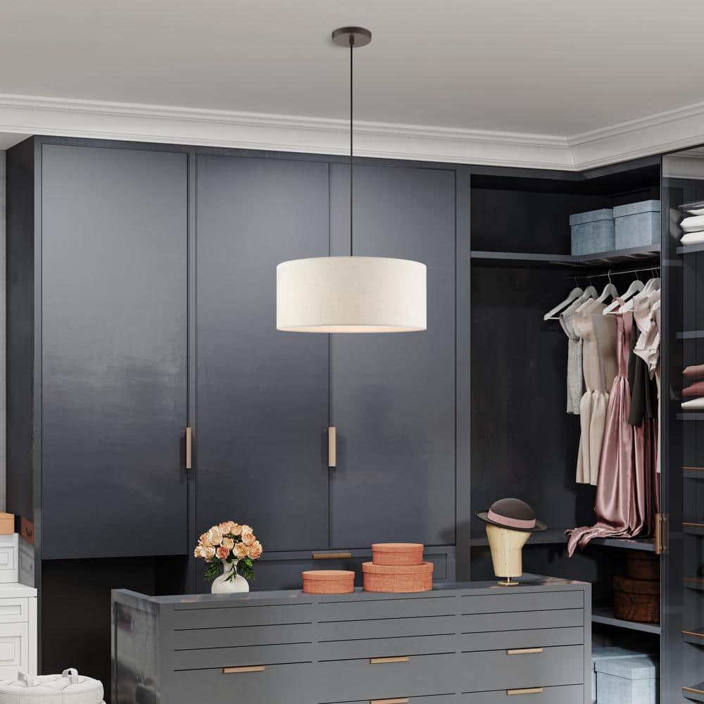 Meadow 3-Light English Bronze Drum Pendant with Oatmeal Shade