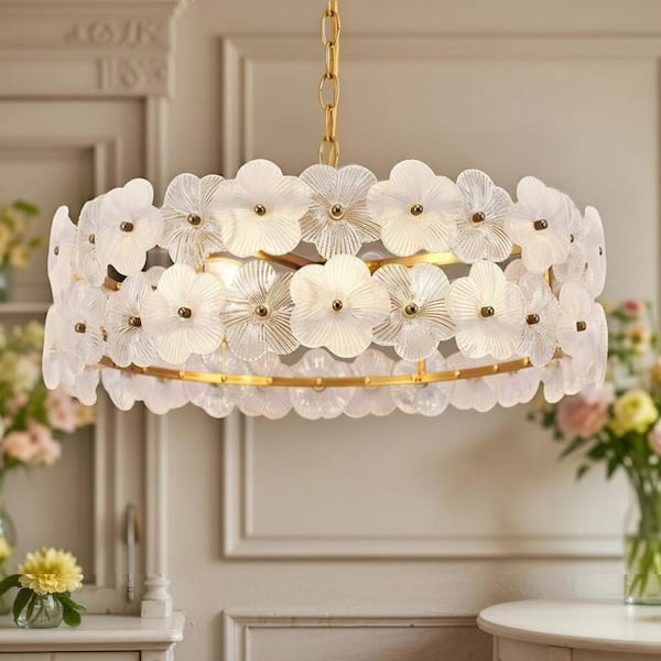 YANSUN 20 in. 6-Light Gold Modern Flower Glass Chandelier, Elegant