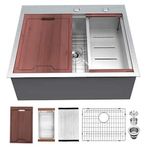Drop-In 25 in. Single Bowl 16-Gauge Stainless Steel Workstation Kitchen Sink with Cutting Board and Strainer