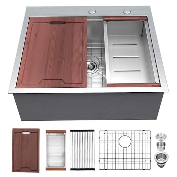 LORDEAR Drop-In 25 in. Single Bowl 16-Gauge Stainless Steel Workstation Kitchen Sink with Cutting Board and Strainer