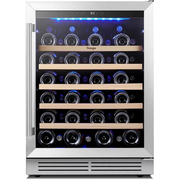 24 in. Single Zone 52-Bottle Built-In/Freestanding Wine Cooler with Tempered Glass Door, 5 Shelves in Stainless Steel
