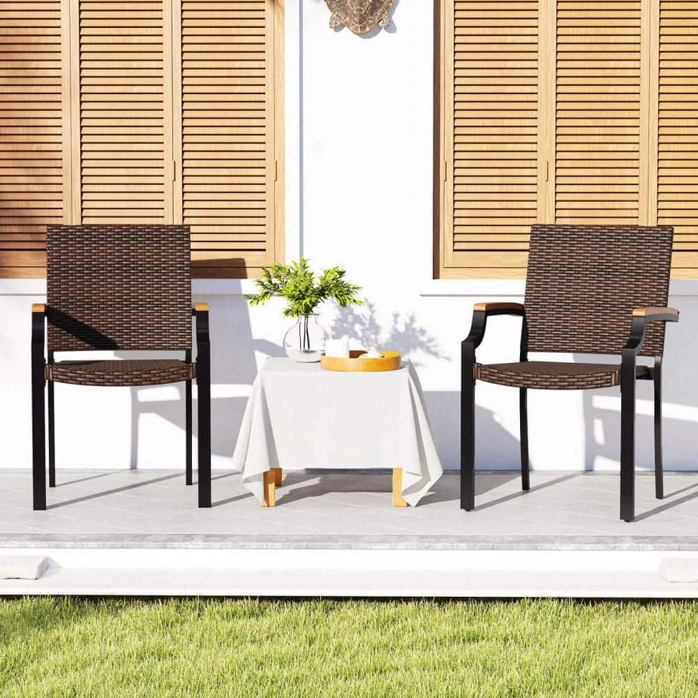 Stacking Wicker Chairs Set of 2 with Acacia Wood Armrests & Metal Frame, Outdoor price history on PriceWatchPro