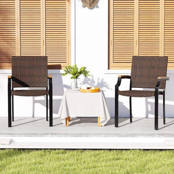Stacking Wicker Chairs Set of 2 with Acacia Wood Armrests and Metal Frame, Outdoor