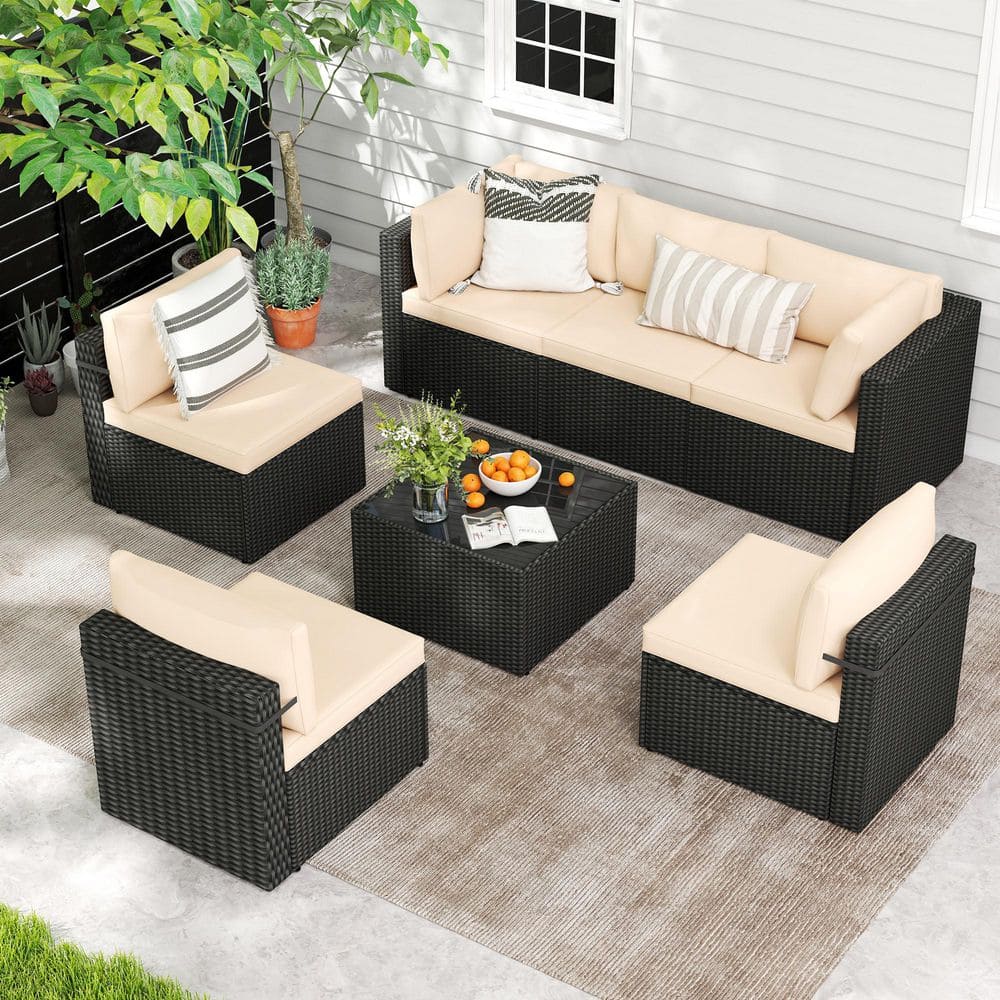 PamaPic Black 7-Piece Wicker Outdoor Sectional Set with Coffee