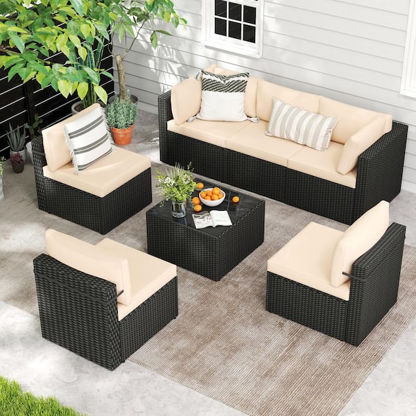 PamaPic Black 7-Piece Wicker Outdoor Sectional Set with Coffee