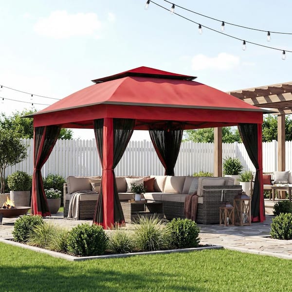 Red Portable Steel Pop-Up Gazebo with Mosquito Netting 11 ft. x 11 ft.