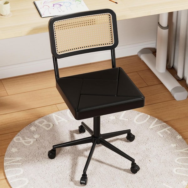Armless Swivel Office Chair with Rattan Back and PU Seat - Adjustable Black Desk Chair for Home Office or Vanity