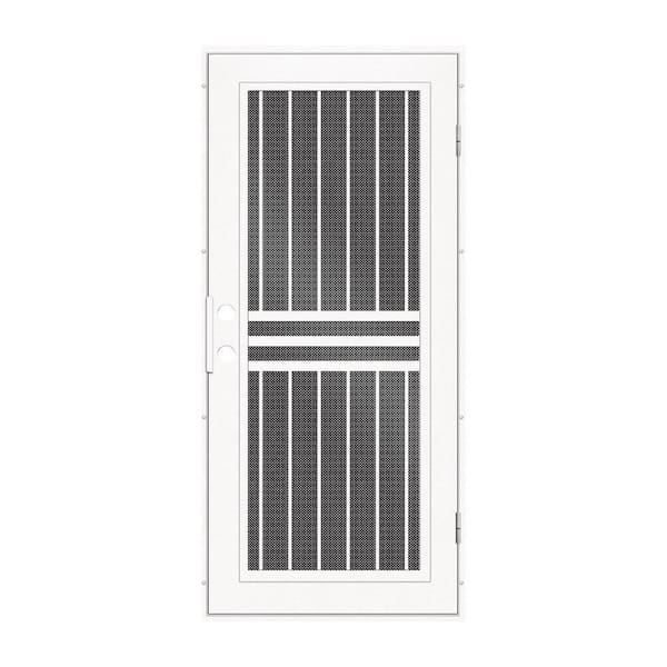 Unique Home Designs Plain Bar 30 in. x 80 in. Left Hand/Outswing White Aluminum Security Door with Black Perforated Screen