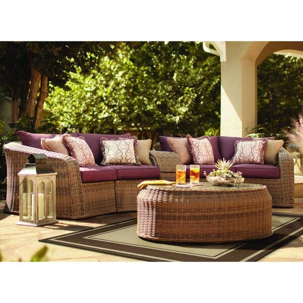 Thomasville Round Hill 6-Piece Patio Sectional Seating Set with Plum Cushions-DISCONTINUED