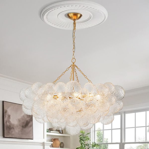 Y'INSP 15 Light Brushed Gold Modern Bubble Ball Grape Cluster Chandelier Globe Hanging Ceiling Light Fixture With Hammer Glass