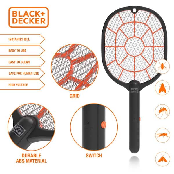 Black Safe for Humans & Pets Decker Electric Fly Swatter Non-Toxic Large Handheld Indoor & Outdoor Mosquito & Bug Zapper with Battery-Powered Mesh Grid & Heavy-Duty Tennis Racket Design 