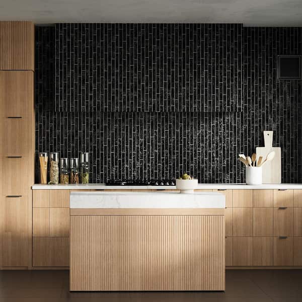 Virtuo Coal Black 1.45 in. x 9.21 in. Polished Crackled Ceramic Subway Wall Tile (4.65 sq. ft./Case)