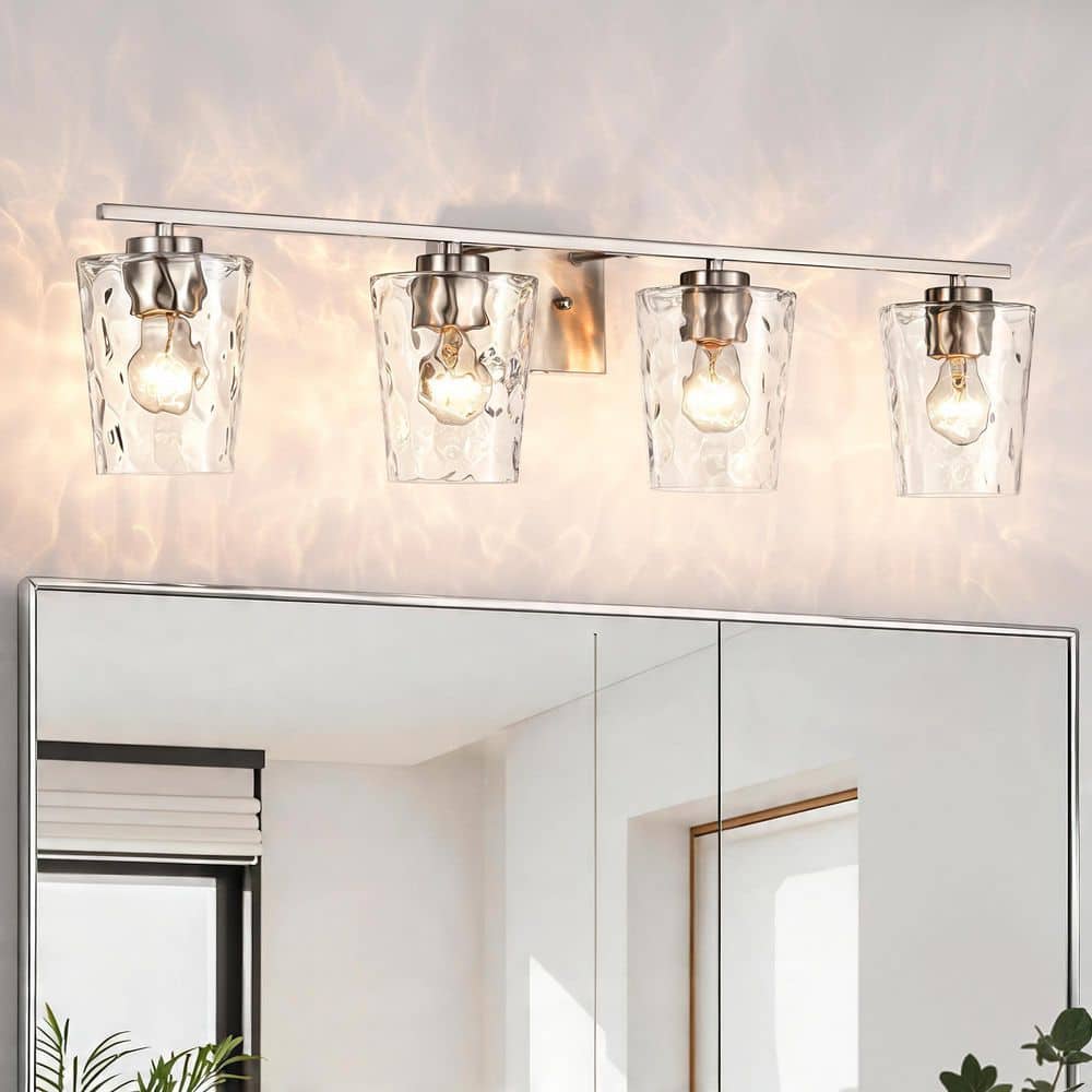 32 in. 4-Light Brushed Nickel Modern Hardwired Indoor Bathroom Vanity Light Wall Sconce with Hammered Clear Glass Shade price history on PriceWatchPro