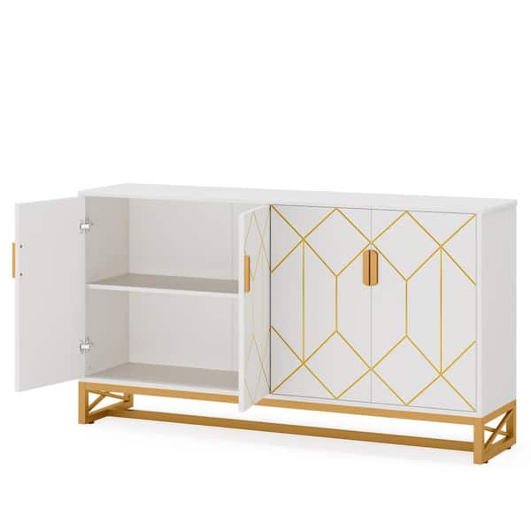 BYBLIGHT Ezlynn White and Gold TV Stand Fits TV's up to 70 in. With Shelves and Storage Sideboard Cabinet