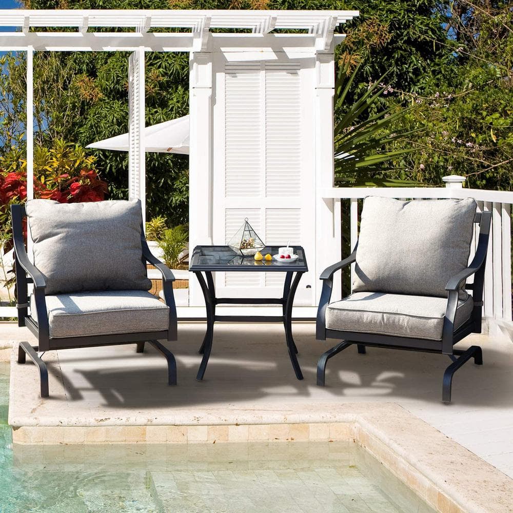 Yangming Black 3-Piece Metal Outdoor Patio Conversation Furniture Set Bistro Set 2 Chairs with Grey Cushion and Coffee Table YMPE-823PHQXJ