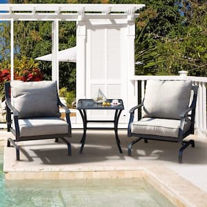 Black 3-Piece Metal Outdoor Patio Conversation Furniture Set Bistro Set 2 Chairs with Grey Cushion and Coffee Table