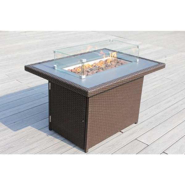 Ohana Dark Brown Rectangular Wicker 42 in. Fire Pit Table with Lid Lava Rocks and Glass Wind Guard