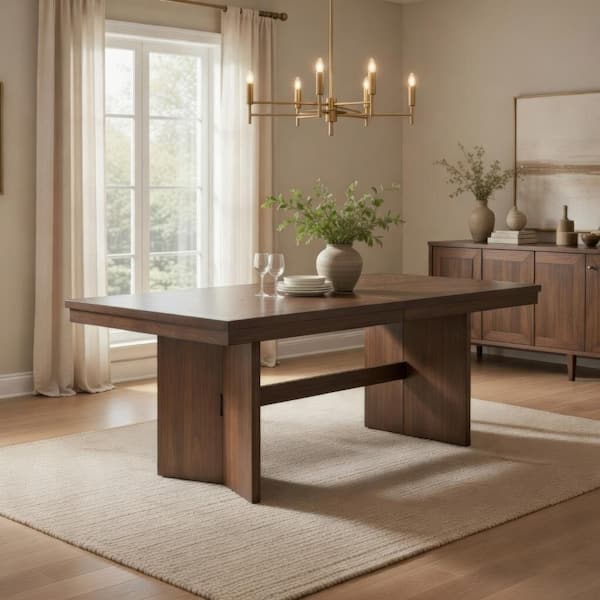 Benjara Bloi Walnut Brown Wood 40 in. Double Pedestal Base Dining Table ...