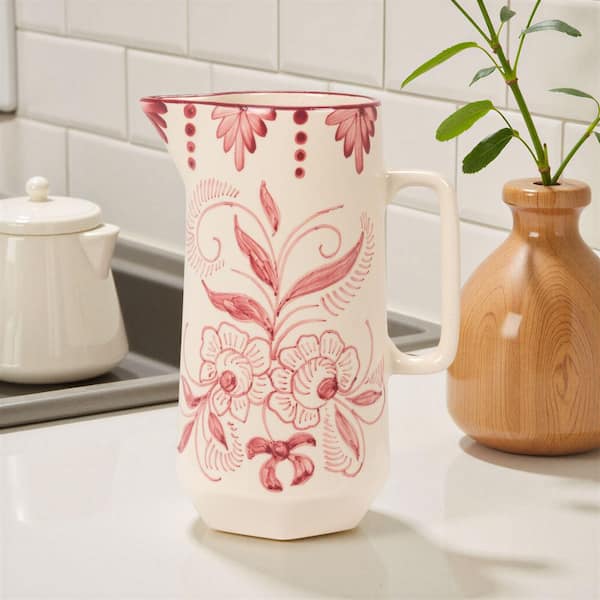60 fl. oz. Pink and White Hand-Painted Stoneware Pitcher with Grid Pattern and Botanical Design