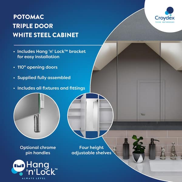 Croydex Potomac 48 in. W x 30 in. H Triple Door White Steel Surface Mount Medicine Cabinet with Mirror