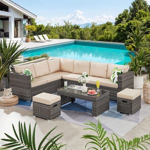 6-Pieces Wicker Rattan Outdoor Patio Sectional Sofa Set with Couch Coffee Table, Ottoman, Khaki Cushions