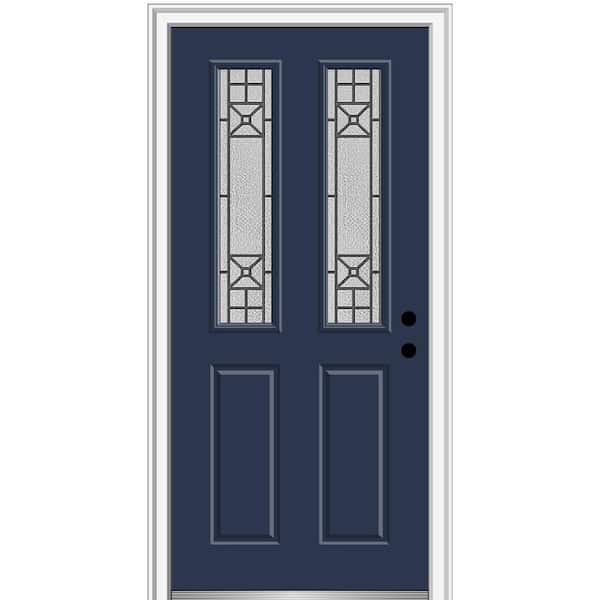 MMI DOOR Courtyard 34 in. x 80 in. Left-Hand 2-Lite Decorative Blue Fiberglass Smooth Prehung Front Door on 4-9/16 in. Frame