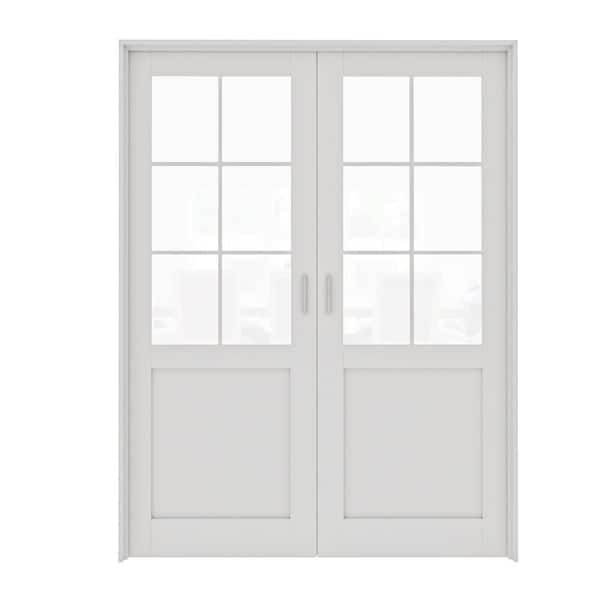 72 in. x 80 in. Universal 5-Lite Clear Glass White Solid Core Wood Double Prehung French Door with Quick Assemble Jamb