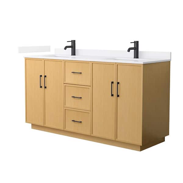 Elan TK 66 in. Double Freestanding Light Oak Bath Vanity with White Quartz Top (Assembled)
