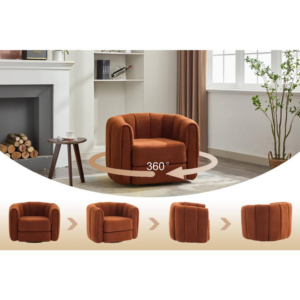 Burnt Orange Teddy Fabric Swivel Barrel Accent Chair with Wood Frame