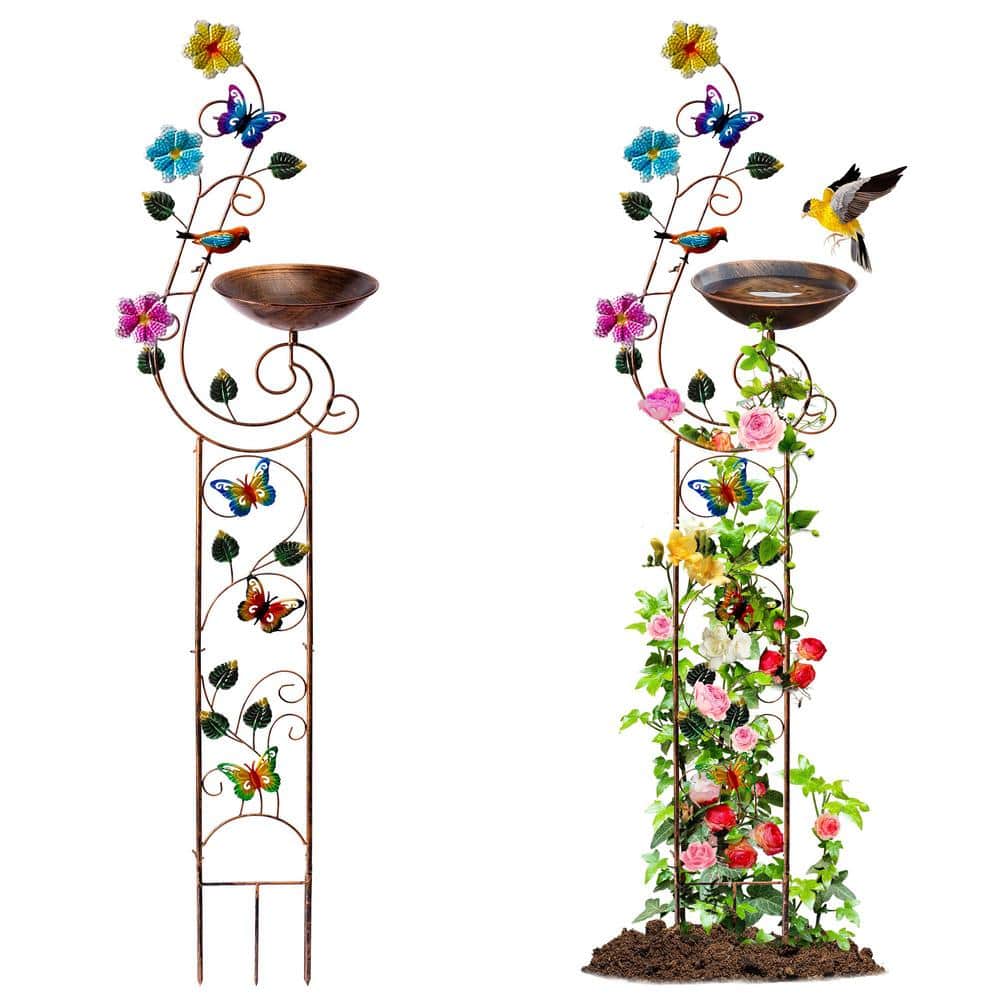 57 in. Height Metal Bird Bath with Trellis Vintage Decorative Bird Baths, S