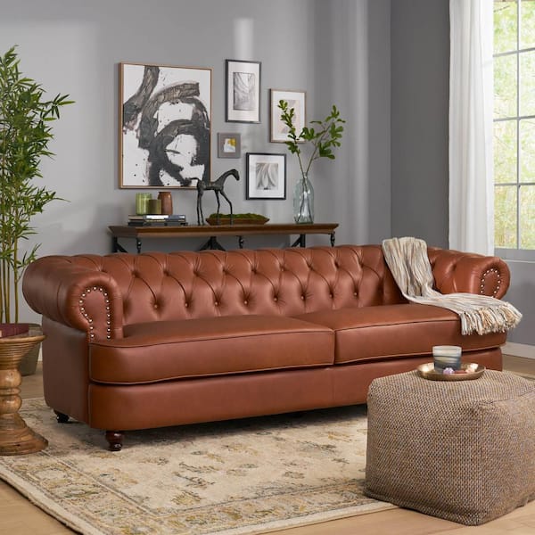 Noble House Crecent 3-Seat 94.75 in. Cognac Brown Faux Leather Flared Arm Straight Sofa 107746 The