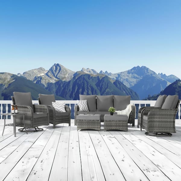 BFB 8-Piece Patio Furniture Outdoor Sofa Set with High Back Swivel Rocking Chairs and Ottomans