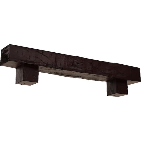 Ekena Millwork 4 in. x 4 in. x 7 ft. Hand Hewn Faux Wood Fireplace Mantel Kit, Alamo Corbels, Premium Cherry