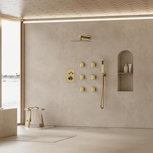 Thermostatic 7-Spray 12 in. Wall Mount Dual Shower Head and Handheld Shower in Brushed Gold (Valve Included)