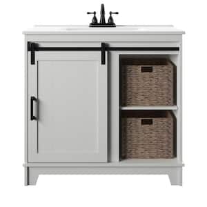 36 in. W x 18 in. D x 34 in. H Barn Door Single Bathroom Vanity Side Cabinet in White with White Marble Top