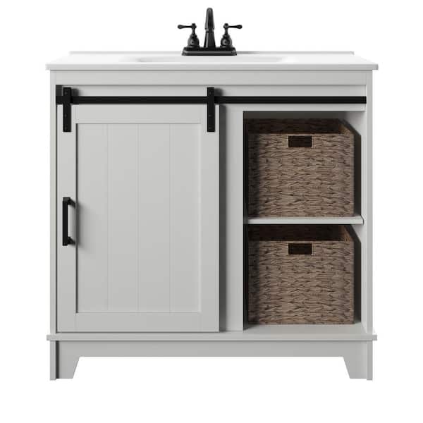 36 in. W x 18 in. D x 34 in. H Barn Door Single Bathroom Vanity Side Cabinet in White with White Marble Top